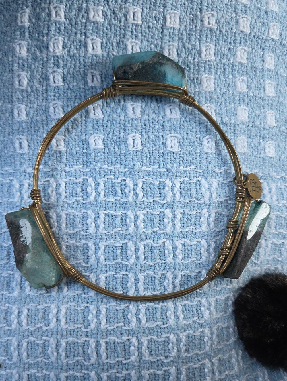 Bourbon & Bowties Gold Wire Wrapped Raw Gemstone Triple Bangle Bracelet.